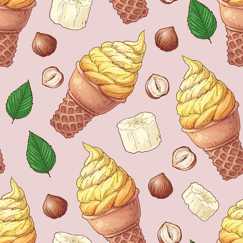 Seamless pattern ice cream fruit nuts. Vector illustration. Hand drawing