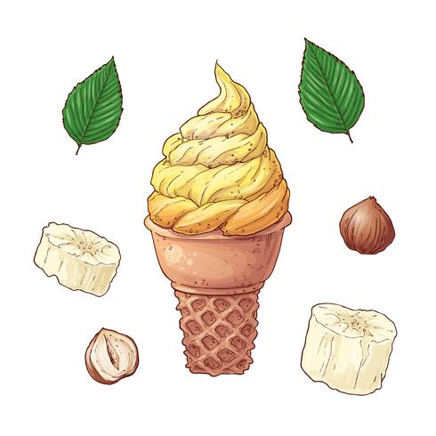 dibujos animados de plátanos y conjunto de conos de helado, ilustración vectorial vector