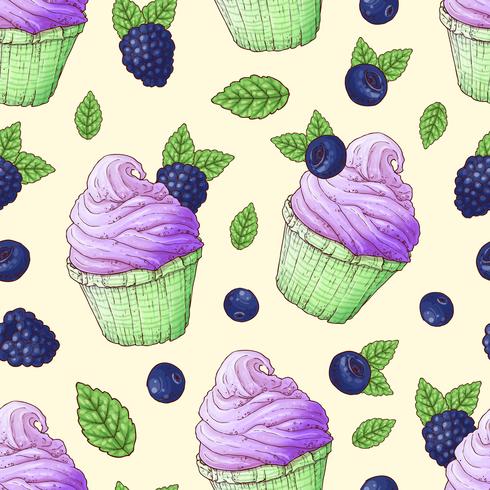 Seamless pattern cupcakes blueberry, blackberry hand drawing vector