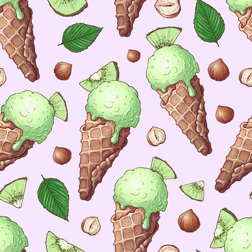 Seamless pattern ice cream nuts kiwi. Hand drawing. Vector illustration