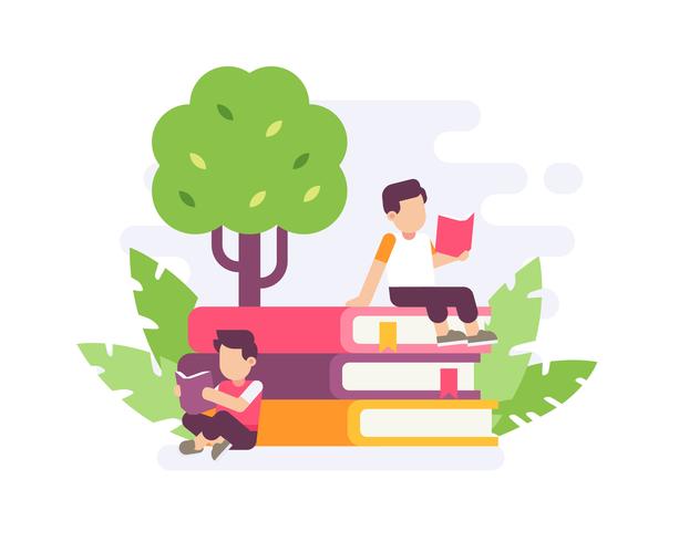 People reading on big stack of book with tree background flat vector illustration