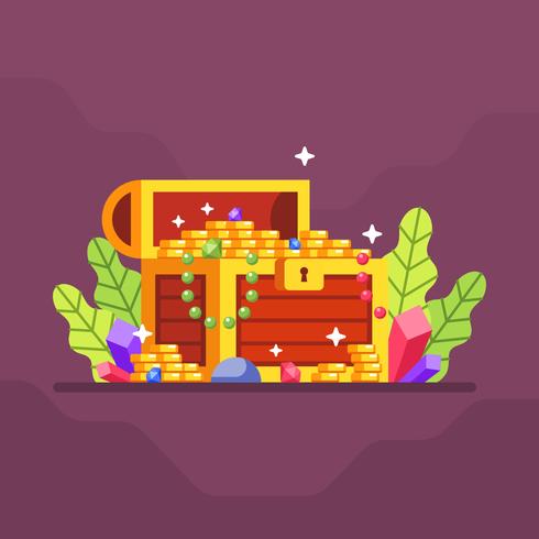 Treasure chest with lot of coin and diamond with leave and crystal gem background. Flat vector Illustration