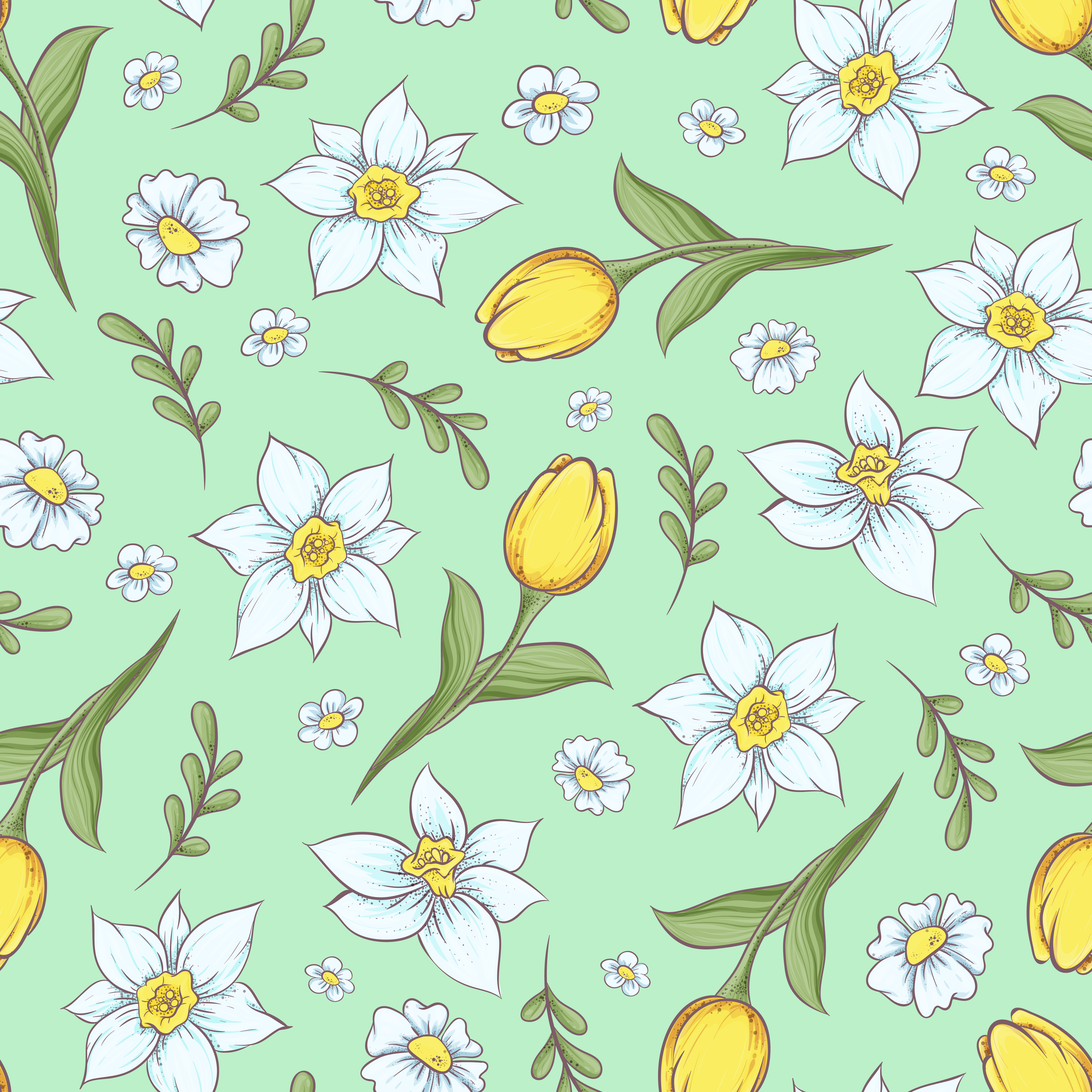 Seamless pattern of daffodils tulips Hand drawing vector Seamless pattern of daffodils tulips Hand drawing vector