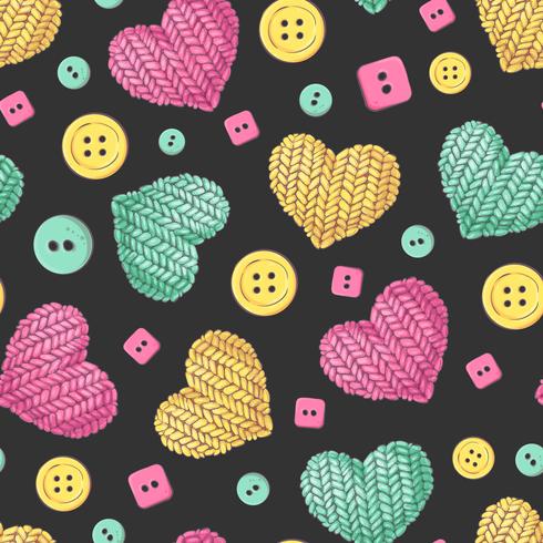 Seamless pattern knitting buttons heart. Hand made vector illustration