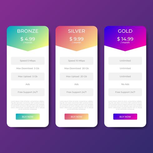 Price Table Of Tariffs For Websites And Applications Template vector