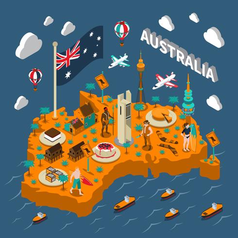 Australia Touristic Attractions Isometric Map Poster vector