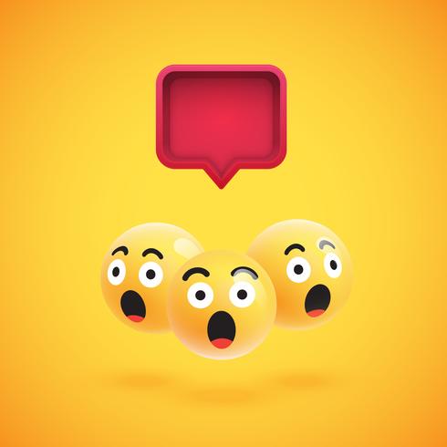 Group of high detailed yellow emoticons with a 3D speech bubble, vector illustration