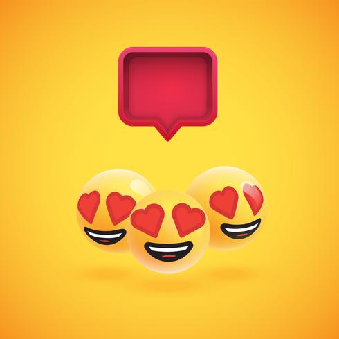 Group of high detailed yellow emoticons with a 3D speech bubble, vector illustration