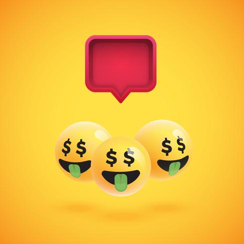 Group of high detailed yellow emoticons with a 3D speech bubble, vector illustration