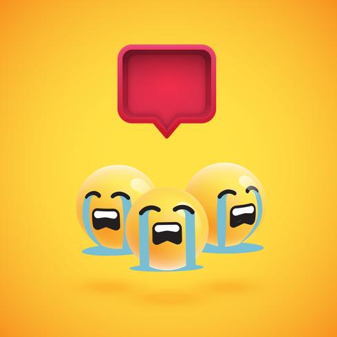 Group of high detailed yellow emoticons with a 3D speech bubble, vector illustration