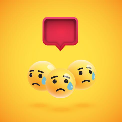 Group of high detailed yellow emoticons with a 3D speech bubble, vector illustration