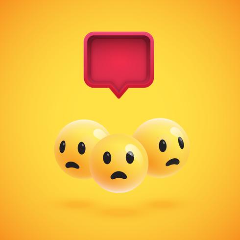 Group of high detailed yellow emoticons with a 3D speech bubble, vector illustration