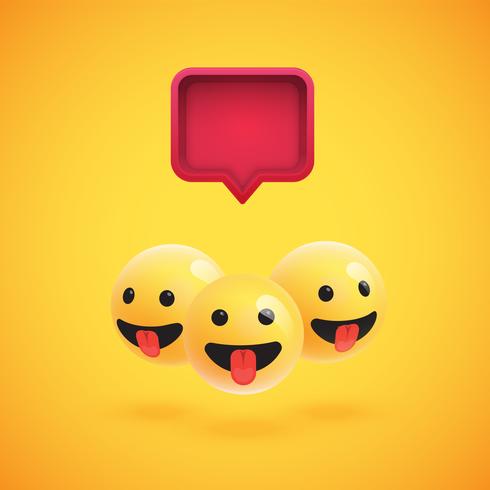 Group of high detailed yellow emoticons with a 3D speech bubble, vector illustration