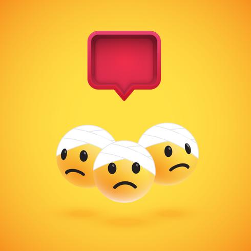 Group of high detailed yellow emoticons with a 3D speech bubble, vector illustration