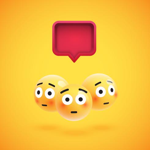 Group of high detailed yellow emoticons with a 3D speech bubble, vector illustration