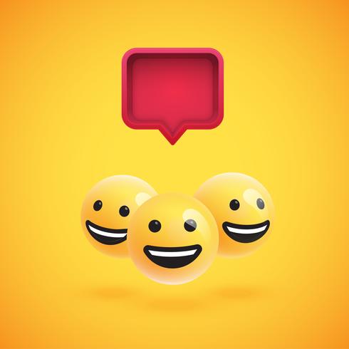 Group of high detailed yellow emoticons with a 3D speech bubble, vector illustration