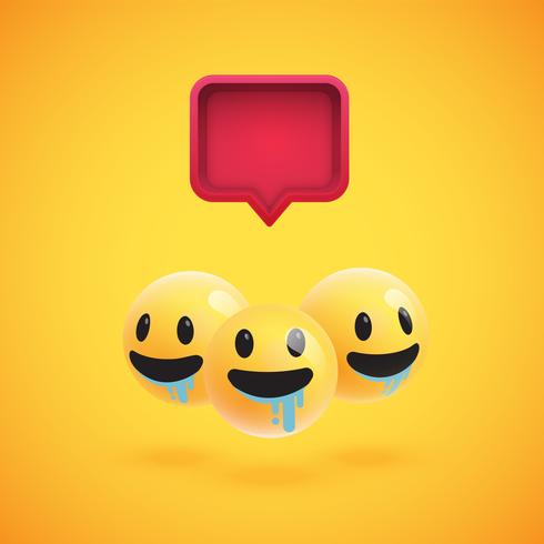Grupo de emoticonos amarillos detallados con un bocadillo de diálogo 3D, ilustración vectorial vector