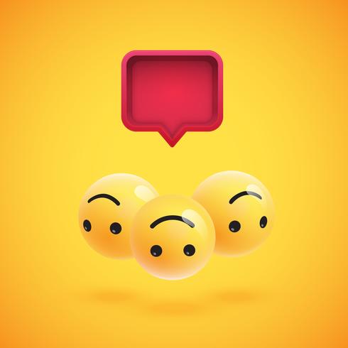 Group of high detailed yellow emoticons with a 3D speech bubble, vector illustration