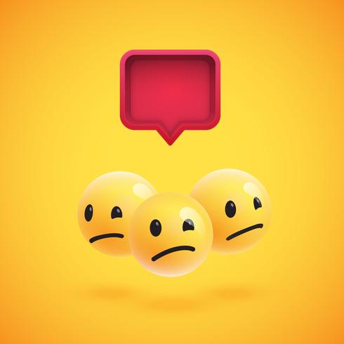 Group of high detailed yellow emoticons with a 3D speech bubble, vector illustration