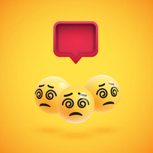 Group of high detailed yellow emoticons with a 3D speech bubble, vector illustration