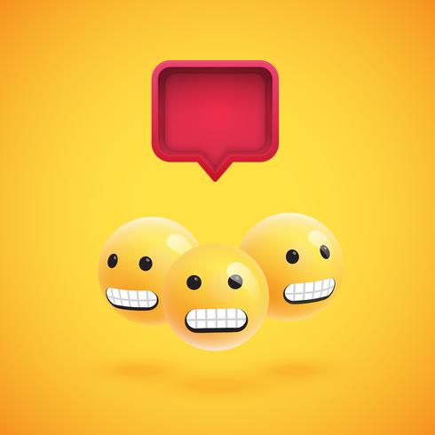 Group of high detailed yellow emoticons with a 3D speech bubble, vector illustration
