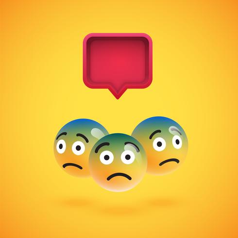 Group of high detailed yellow emoticons with a 3D speech bubble, vector illustration