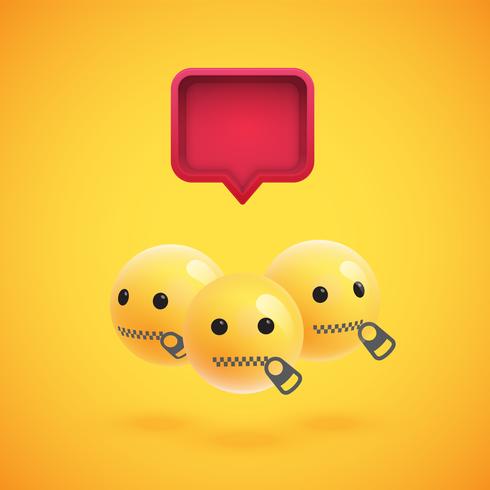 Group of high detailed yellow emoticons with a 3D speech bubble, vector illustration