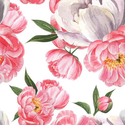 Peony flowers watercolo Pattern seamless floral botanical watercolour style vintage textile, aquarelle blossom design decor invitation card vector illustration.