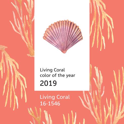 Color Coral 2019 trendy, Sea shell marine life summertime travel the beach ,aquarelle isolated vector illustration 