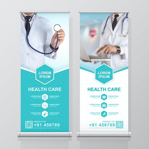 Asistencia sanitaria y médica enrolle el diseño, la plantilla de standee y la bandera para la exposición, impresión, presentación y folleto folleto concepto vector ilustración