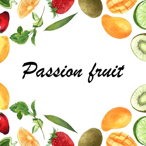 Banner de marco de frutas tropicales con texto, maracuyá con kiwi, piña, patrón frutal, fresco y sabroso, ilustración vectorial de acuarela aislado vector