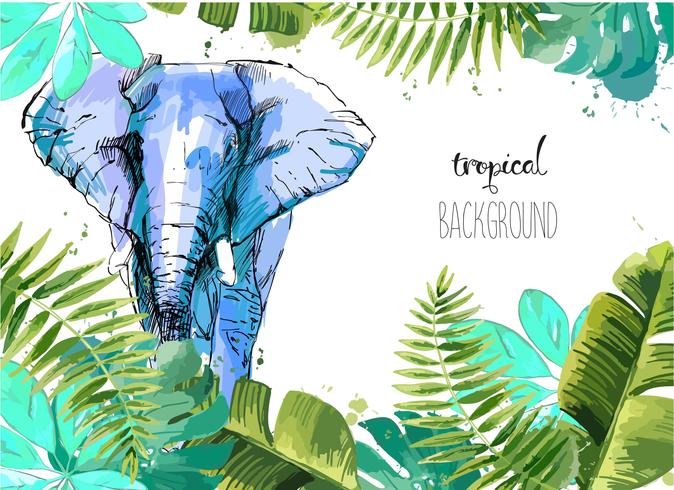 Fondo con hojas tropicales y elefante. vector