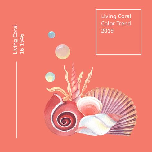 Color Coral 2019 de moda, mar concha vida marina verano viaje la playa, aquarelle aislado ilustración vectorial vector