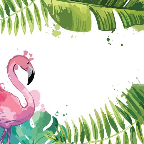 Background with Tropical Leaves and Flamingo. vector