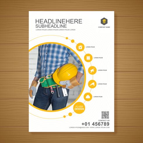 Construction tools cover a4 template and flat icons for a report and brochure design, flyer, banner, leaflets decoration for printing and presentation vector illustration
