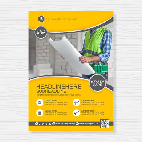 Construction tools cover a4 template and flat icons for a report and brochure design, flyer, banner, leaflets decoration for printing and presentation vector illustration