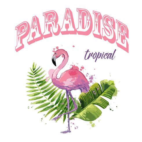 Vector pink flamingo with exotic tropical leaves.
