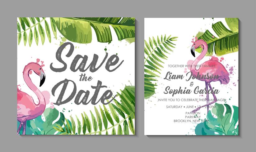 Suite de invitación de boda con exóticas hojas tropicales. vector