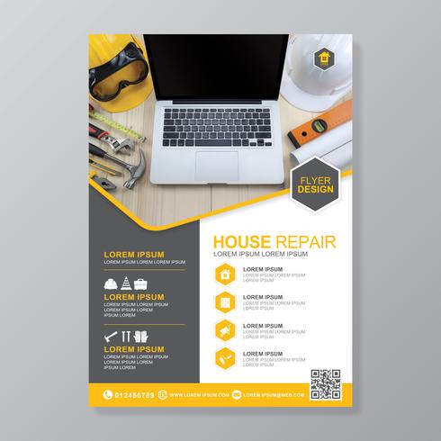 Construction tools cover a4 template and flat icons for a report and brochure design, flyer, banner, leaflets decoration for printing and presentation vector illustration