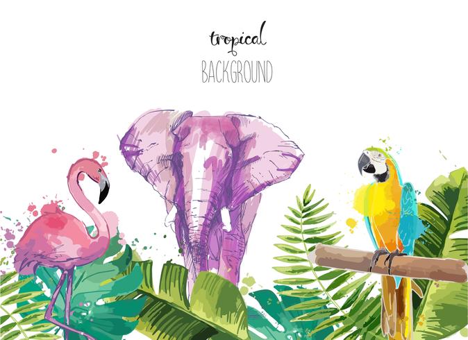 Background with Tropical Leaves flamingo, parrot and elephant. vector