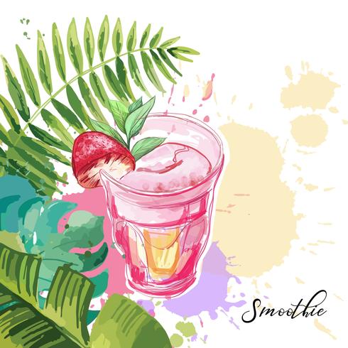 Smoothie. Vector background with tropical leaves.