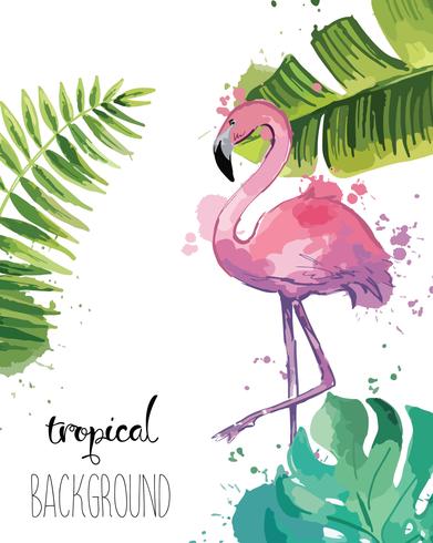 Background with Tropical Leaves and Flamingo. vector