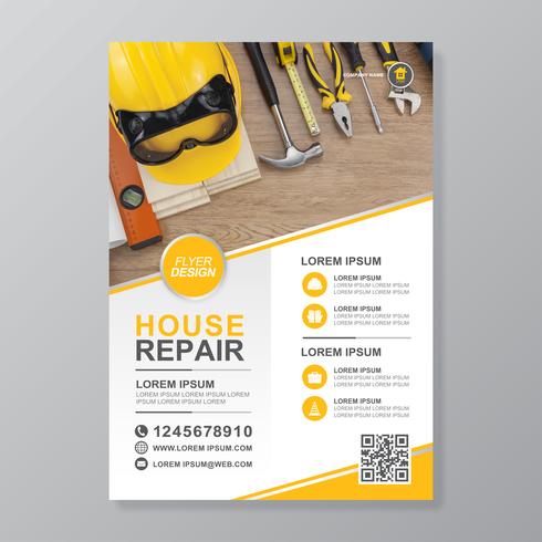 Construction tools cover a4 template and flat icons for a report and brochure design, flyer, banner, leaflets decoration for printing and presentation vector illustration