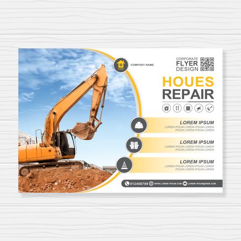 Excavator or dozer cover A4 template for construction brochure design, flyer, leaflets decoration for printing and presentation vector illustration