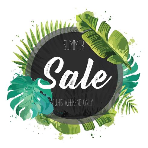 Sale banner, poster with palm leaves, jungle leaf. vector