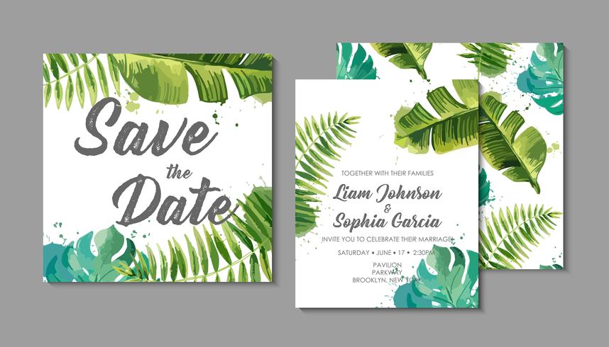 Suite de invitación de boda con exóticas hojas tropicales. vector