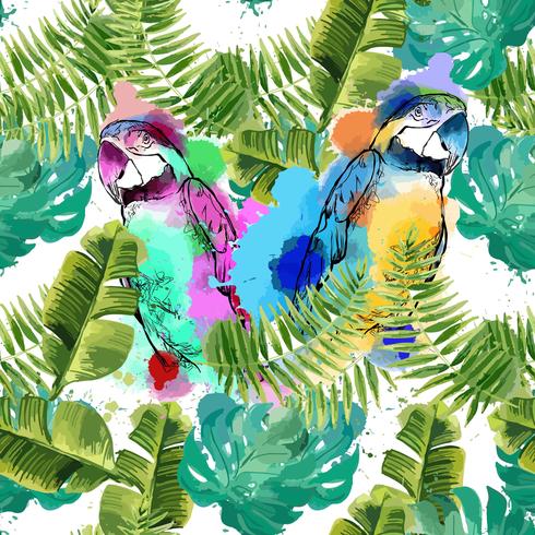 Exotic background with parrots and tropical leaves. vector