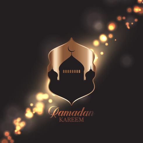 Fondo de Ramadán Kareem con la silueta de la mezquita en el diseño de luces bokeh vector