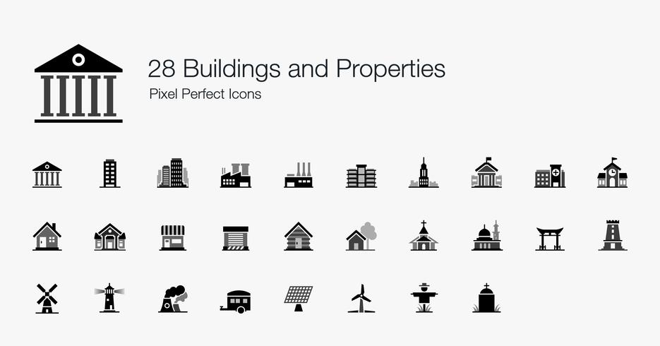 28 Edificios y Propiedades Pixel Perfect Icons. vector