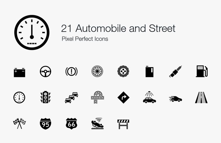 21 Automóviles y Calle Pixel Perfect Icons. vector